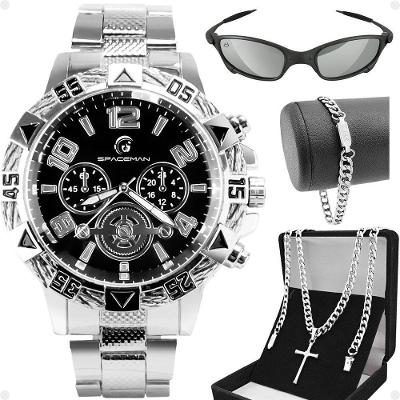 Relogio Aço Inox Masculino Pulseira Oculos Sol Cordão
