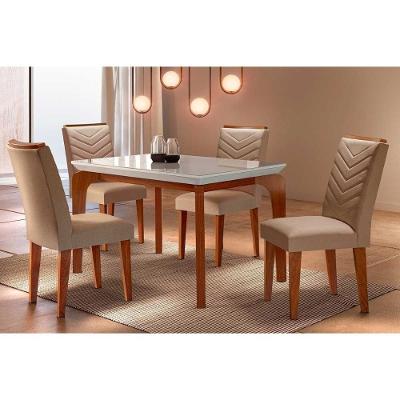 Sala De Jantar Completa Londrina Tampo Madeirado C- Vidro Curvo 120x80 E 4 Cadeiras Londrina Imbuia - Veludo Capuccino - Rufato