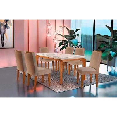 Conjunto Mesa Sala Jantar Londrina Tampo Madeirado Com Vidro 180cm + 6 Cadeiras Lunara Imbuia Linho Rústico Rufato