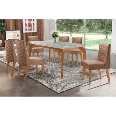 Conjunto Mesa De Cozinha Londrina Tampo Madeirado Com Vidro 180x90cm E 6 Cadeiras Dafne Imbuia Suede Capuccino Rufato