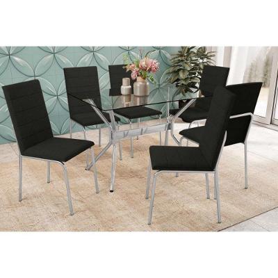 Conjunto Mesa Sala Jantar Loire Com Tampo De Vidro 120x80cm E 6 Cadeiras Amsterdã Cromada Preto Kappesberg