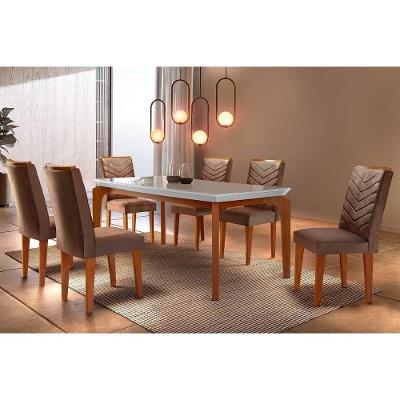 Sala De Jantar Completa Londrina Tampo Madeirado C- Vidro Reto 180x90 E 6 Cadeiras Londrina Imbuia - Veludo Capuccino - Rufato