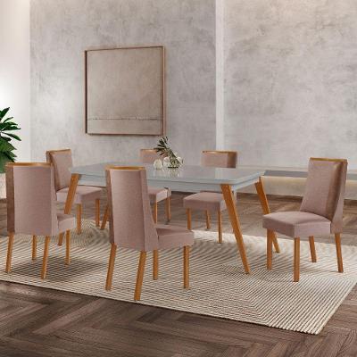 Mesa De Jantar Copper Madeira Vidro Com 6 Cadeiras Diane Moderna Linho Capuccino/Tork/Off White/Nat
