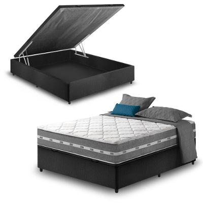 Cama Box Com Baú Casal Preto + Colchão Molas Ensacadas Miami Cinza Com Preto