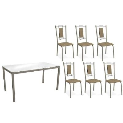 Sala De Jantar Completa Reno Com Tampo De Vidro 150cm E 4 Cadeiras Florença Niquel - Courano Capuccino - Kappesberg