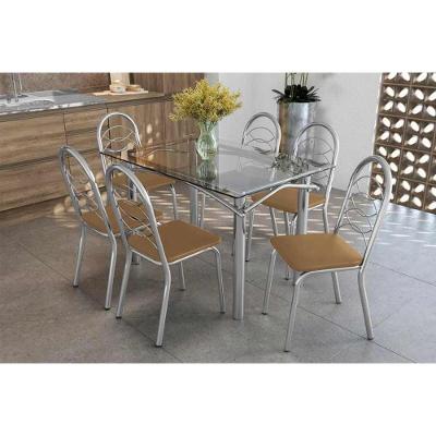 Sala De Jantar Completa Elba Com Tampo De Vidro 120cm E 6 Cadeiras Holanda Cromada - Courano Capuccino - Kappesberg