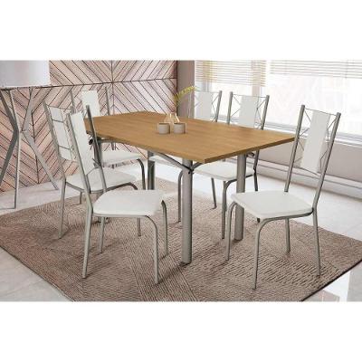 Sala De Jantar Completa Elba C/ Tampo De Madeira 160cm E 6 Cadeiras Lisboa Niquel/nogueira - Courano Branco - Kappesberg