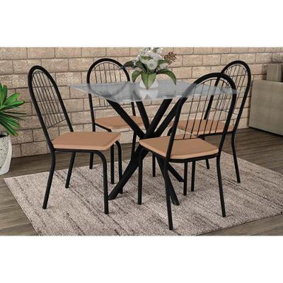 Sala De Jantar Completa Volga Com Tampo De Vidro 90cm E 4 Cadeiras Noruega Preto - Capuccino - Kappesberg