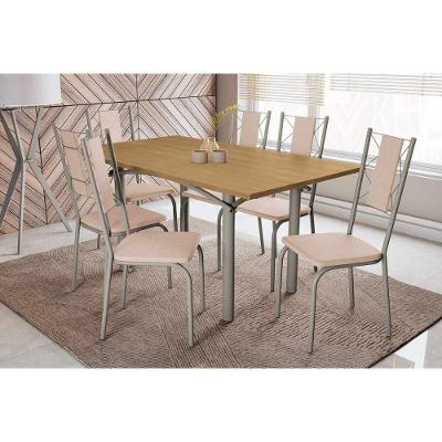 Sala De Jantar Completa Elba Com Tampo De Madeira 160cm E 6 Cadeiras Lisboa Niquel/nogueira - Courano Bege - Kappesberg
