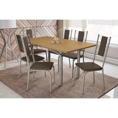 Sala De Jantar Completa Elba C/ Tampo De Madeira 160cm E 6 Cadeiras Lisboa Niquel/nogueira - Courano Marrom - Kappesberg