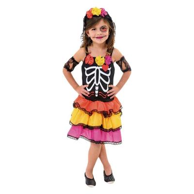 Fantasia Halloween Infantil Caveira Mexicana Com Véu Tamanho P