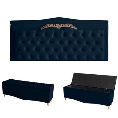 Kit Helena Cabeceira De Cama Painel E Calçadeira Baú Casal 140 Cm Suede Azul Marinho Eli Móveis E Decoração