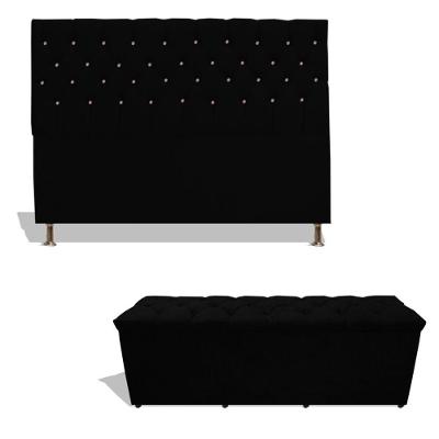 Kit Estrela Cabeceira De Cama Box Casal 140 Cm + Calçadeira Baú Suede Preto Eli Móveis E Decoração
