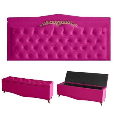 Kit Helena Cabeceira De Cama Painel E Calçadeira Baú King 195 Cm Suede Rosa Pink Eli Móveis E Decoração