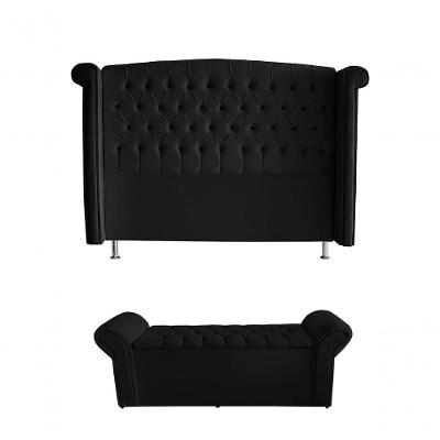 Kit Realeza Cabeceira De Cama Box E Calçadeira Baú King 195 Cm Suede Preto Eli Móveis
