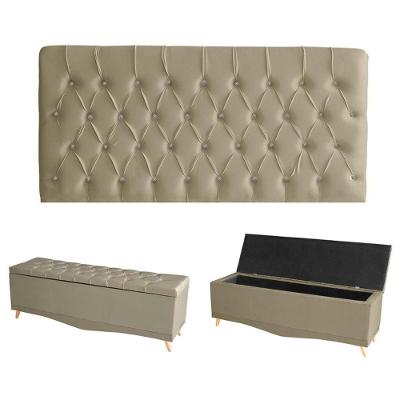 Kit Estrela Cabeceira De Cama Painel E Calçadeira Baú Botão Cristal Queen 160 Cm Suede Bege Eli Móveis E Decoração