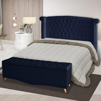 Kit Cabeceira De Cama Box E Calçadeira Baú Malibu Casal 140 Cm Suede Azul Marinho Eli Móveis