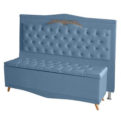 Kit Cabeceira De Cama Box E Calçadeira Baú Madri Queen 160 Cm Suede Azul Bebê Eli Móveis E Decoração