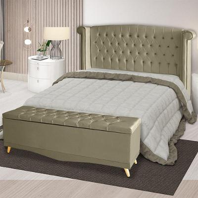 Kit Cabeceira De Cama Box E Calçadeira Baú Malibu Queen 160 Cm Suede Bege Eli Móveis