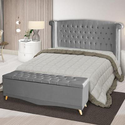 Kit Cabeceira De Cama Box E Calçadeira Baú Malibu King 195 Cm Suede Prata Eli Móveis