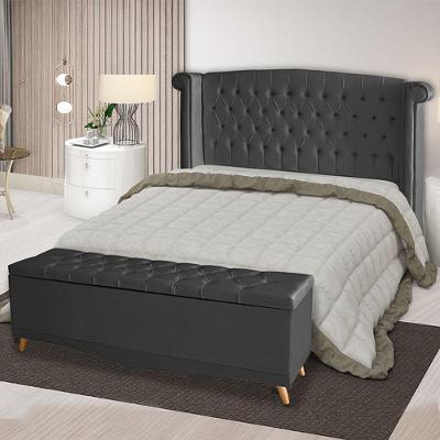 Kit Cabeceira De Cama Box E Calçadeira Baú Malibu King 195 Cm Suede Grafite Eli Móveis