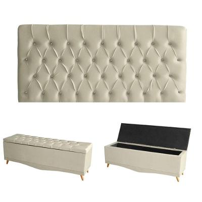 Kit Estrela Cabeceira De Cama Painel E Calçadeira Baú Botão Cristal King 195 Cm Suede Porcelana Eli Móveis E Decoração