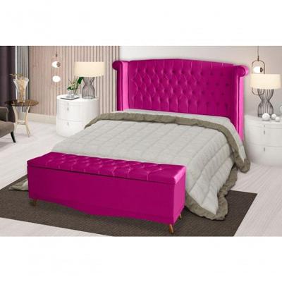 Kit Cabeceira De Cama Box E Calçadeira Baú Malibu Queen 160 Cm Suede Rosa Pink Eli Móveis