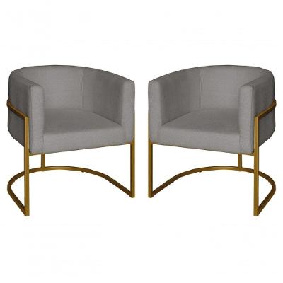 Kit 2 Poltronas Decorativa Luxo Base De Metal Dourada Escritório Recepção Sala Suede Prata Eli Móveis E Decoração