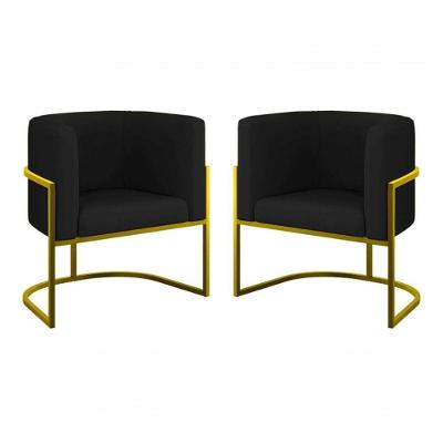 Kit 2 Poltronas Decorativa Luxo Base De Metal Dourada Escritório Recepção Sala Suede Preto Eli Móveis E Decoração