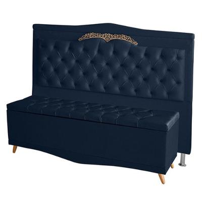 Kit Cabeceira De Cama Box E Calçadeira Baú Madri Casal 140 Cm Suede Azul Marinho Eli Móveis E Decoração