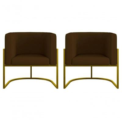 Kit 2 Poltronas Decorativa Luxo Base De Metal Dourada Escritório Recepção Sala Suede Marrom Eli Móveis E Decoração