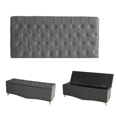 Kit Estrela Cabeceira De Cama Painel E Calçadeira Baú Botão Cristal King 195 Cm Suede Grafite Eli Móveis E Decoração