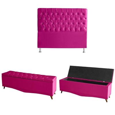 Kit Estrela Cabeceira De Cama Box E Calçadeira Baú Pés Palito Botão Cristal Queen 160 Cm Suede Rosa Pink Eli Móveis