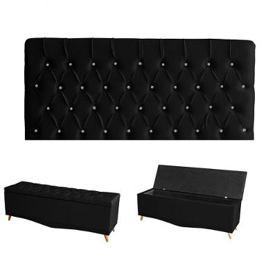 Kit Estrela Cabeceira De Cama Painel E Calçadeira Baú Botão Cristal King 195 Cm Suede Preto Eli Móveis E Decoração
