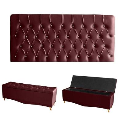 Kit Estrela Cabeceira De Cama Painel E Calçadeira Baú Botão Cristal Queen 160 Cm Suede Bordo Eli Móveis E Decoração