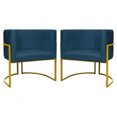 Kit 2 Poltronas Decorativa Luxo Base De Metal Dourada Escritório Recepção Sala Suede Azul Marinho Eli Móveis E Decoração