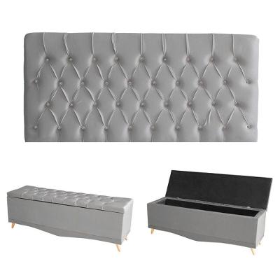 Kit Estrela Cabeceira De Cama Painel E Calçadeira Baú Botão Cristal King 195 Cm Suede Prata Eli Móveis E Decoração