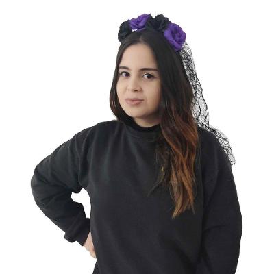 Tiara Halloween Com Flores Roxas Lilás E Véu