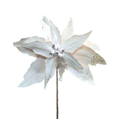 Flor Decorativa Poinsetia Branca Com Glitter Tecido - 1 Unidade