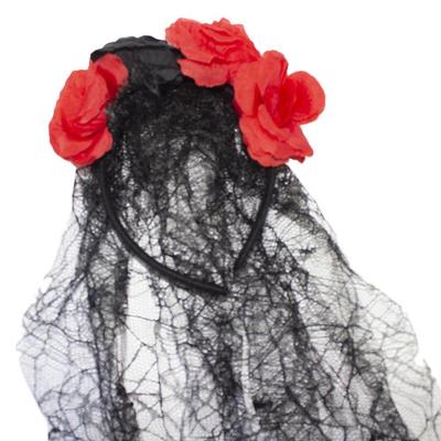 Tiara Halloween Com Flores Vermelhas e Véu