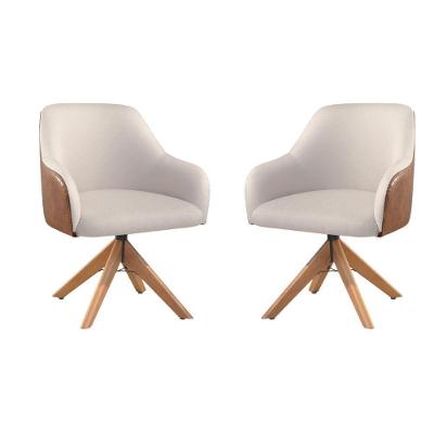 Conjunto Poltronas Decorativa Hera Linho Nude Couro Caramelo Com Base Giratória Em Madeira