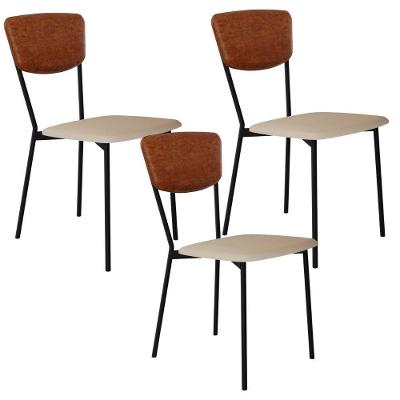Kit 03 Cadeira Para Sala De Jantar Village Preto C01 Linho Areia Courino Caramelo - Lyam Decor