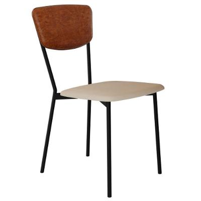 Cadeira Estofada Para Sala De Jantar Village Preto C01 Linho Areia Courino Caramelo - Lyam Decor