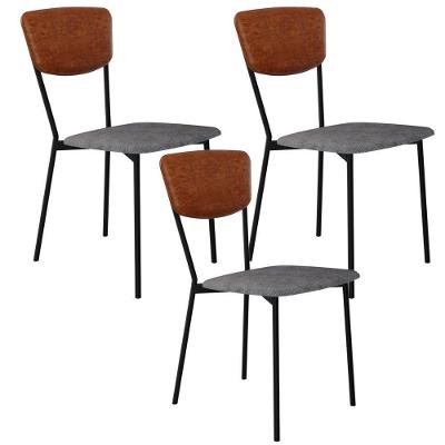 Kit 03 Cadeira Para Sala De Jantar Village Preto C01 Linho Prata Courino Caramelo - Lyam Decor