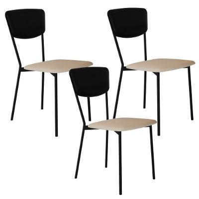 Kit 03 Cadeira Para Sala De Jantar Village Preto C01 Linho Areia Courino Preto - Lyam Decor