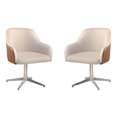 Conjunto Poltronas Decorativa Hera Linho Nude Couro Caramelo Com Base Giratória Em Alumínio