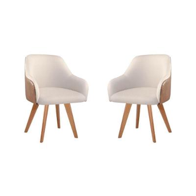Conjunto Poltronas Decorativa Hera Linho Nude Couro Caramelo Com Pés Em Madeira