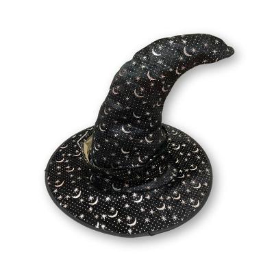 Chapéu De Bruxa Preto Com Estrelas E Lua Prata Veludo