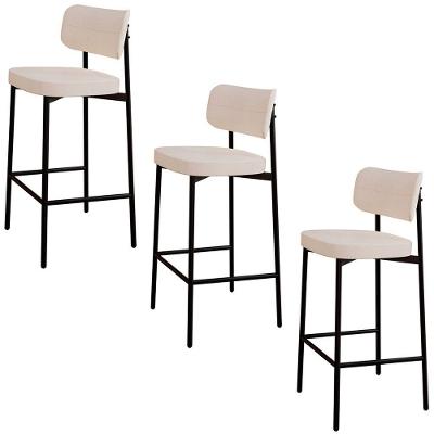 Banqueta Alta Bar Estofada Kit 3 Ella M25 Linho Palha - Mpozenato