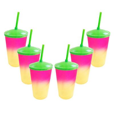 Copo Com Canudo Pink Amarelo E Verde - 700ml - 6 Unidades